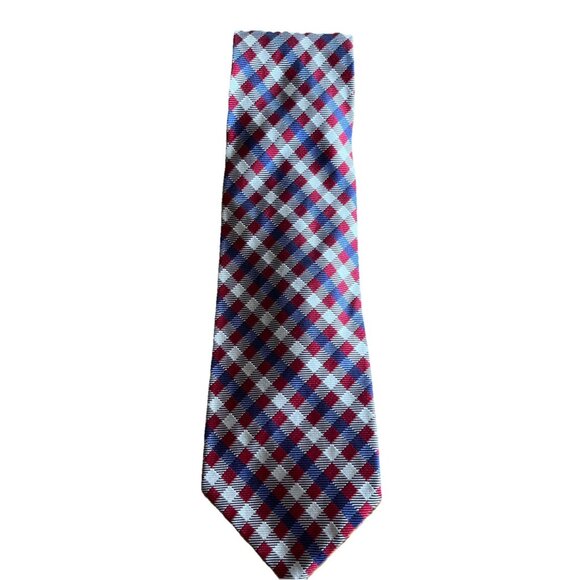 Lauren Ralph Lauren 57” Necktie 100% Silk Red Blue Cream Plaid Designer Tie - Picture 1 of 7